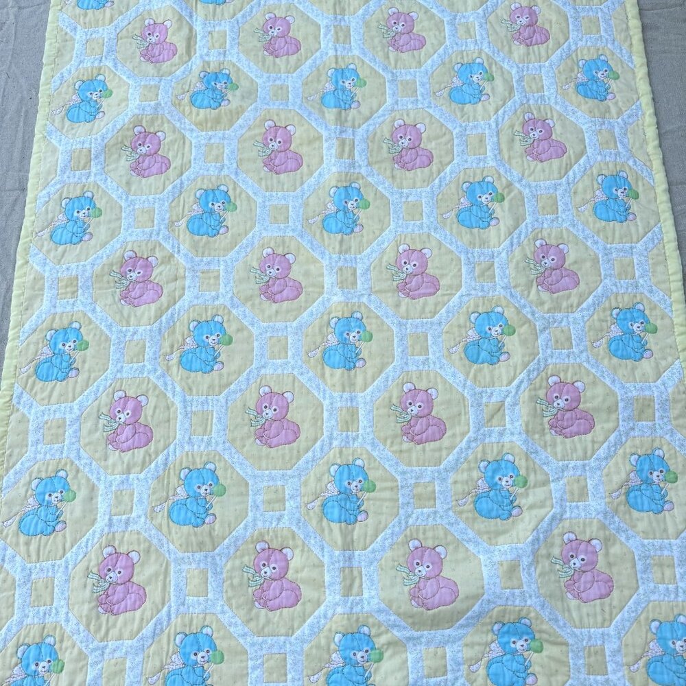 Vintage Baby Quilt Blanket Pastel Teddy Bears Pink Blue Yellow Crib Cover